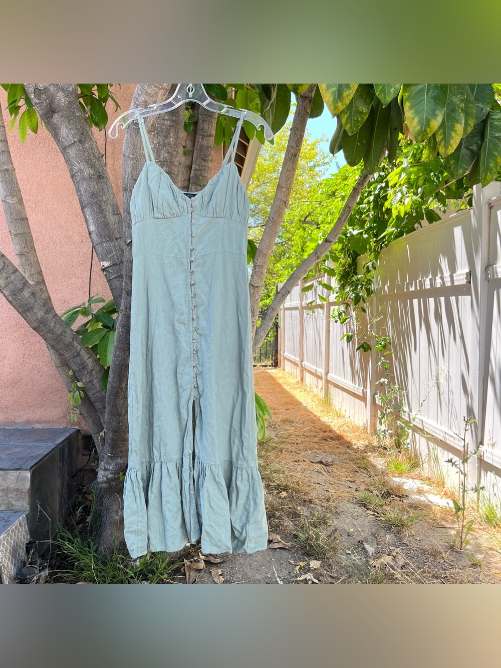 Zara Sage Green Button Down Dress with a Ruffle Hem.